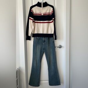 100% Wool Colorblock Half Zip Sweater M | Sporty Striped Knit Pullover